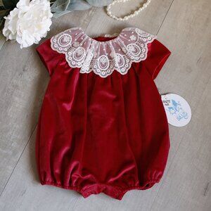 Girl's Red Velvet Romper Vintage Lace Collar Boutique Fall Seasonal Portrait NWT